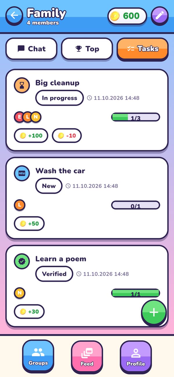 Group task list with rewards and statuses
